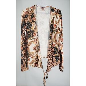 Willow & Root Top Mod Textured Long Sleeve Open Tie Front Cardigan Kimono Size S